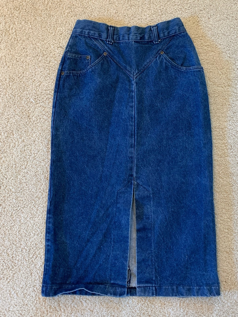 VTG Blue Denim Yoke Midi Skirt - Made in USA - Small (Size Vintage 10)